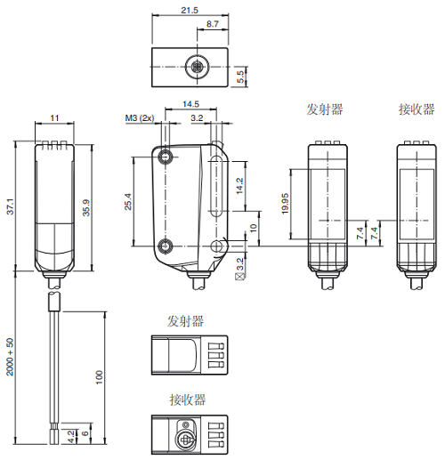 對射型光電傳感器OBE20M-R100-S2EP-IO-L外形尺寸 對射型光電傳感器OBE20M-R100-S2EP-IO-L外形尺寸